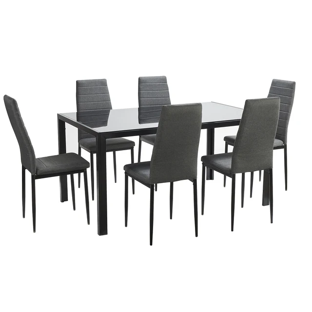 Cheap Modern nordic glass dining room table and pu leather chair for 6 dining table set with 6 chairs seater