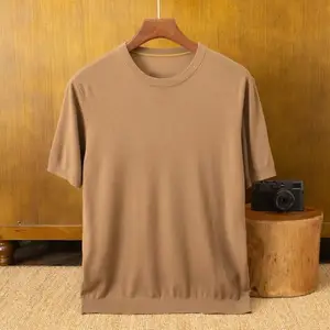 100% Wool Men's Casual Short Sleeve Round Neck Summer Cardigan Anti-Pilling Breathable Quick Dry Thin Wool Luxury OEM Supply