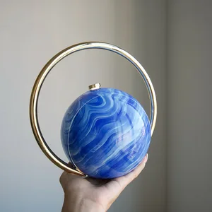 Unique Spherical Women's Handbag with Gold Circle Handle Marble Pattern Acrylic Evening Party Clutch Purses