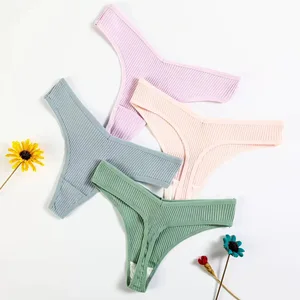 Pure Cotton Tempting Sexy Fun Women's Thong Underwear Solid Color T-pants Ribbed Triangle Panties Knitted Plain Dyed Waist