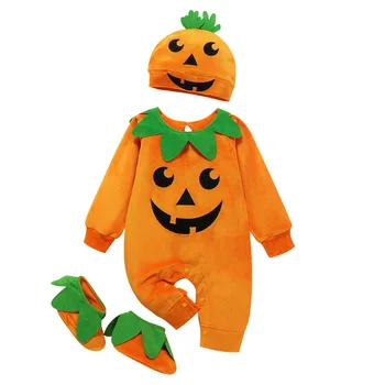 Autumn and Winter Halloween baby onesie pumpkin long-sleeved cute crawling clothes with hats & socks