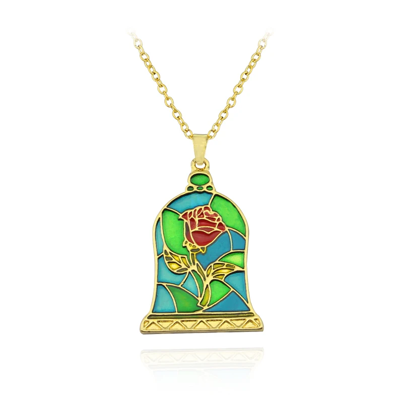 Beauty And The Beast Rose Necklace - Stainless Steel Rose Charm Pendant, Movie Fan Gift With Card - View #2