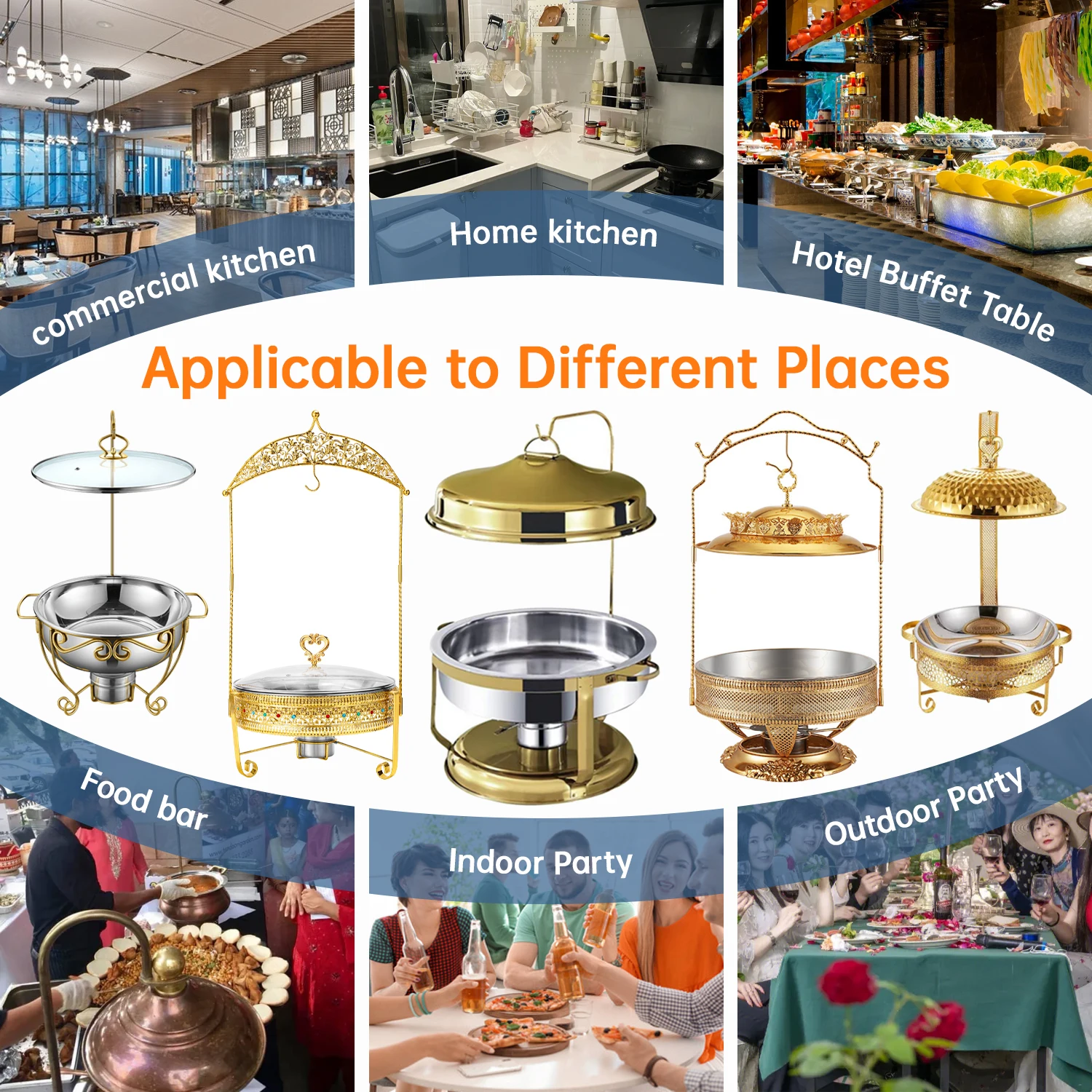 YITIAN Wedding Party Fuel-Heated Buffet Catering Plated Food Warmer Buffet Golden Shaffing Hanging Gold Brass Chafing Dish