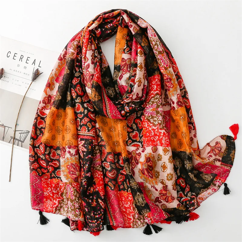 Red Ethnic Style Cashew Hook Flower Printed Shawls for Muslim Women Head  Wrap Scarves Golden Glitter Cotton Feelings Scarf Hijab