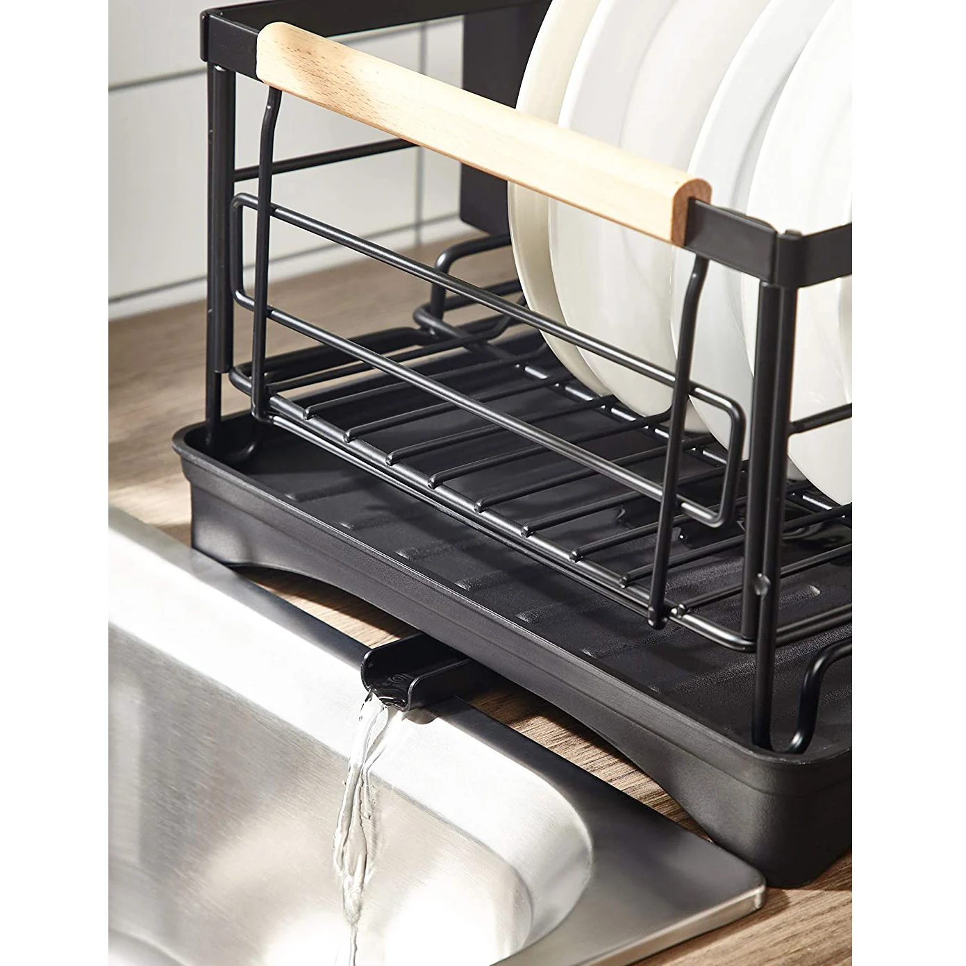 Dish Drying Rack with Drip Tray Stainless Steel Dish Drainer with Wooden Handles and Cutlery Holder