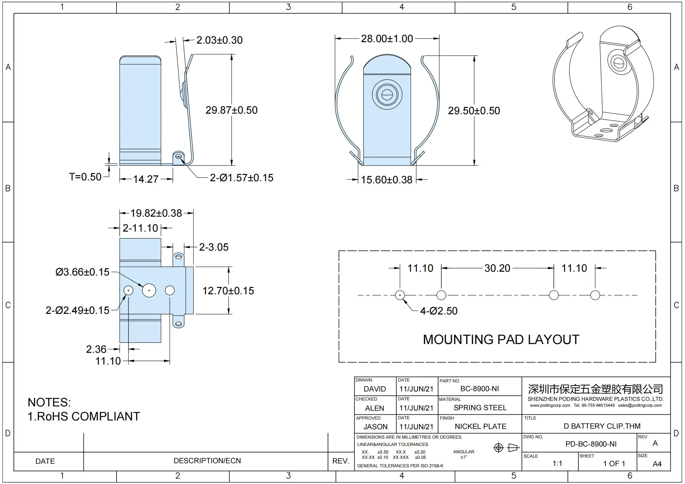 Poding Battery Clip Cylindrical Battery Contacts Clips Springs D Cell ...