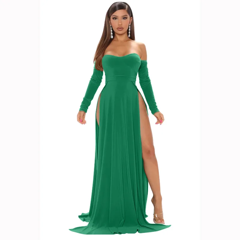Cheap Plus Size Double Slit Maxi Dress Strapless Half Shoulder Elegant Long Party Dresses and Night Dress
