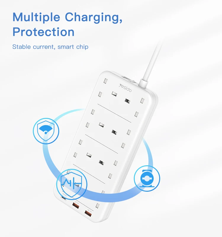 YESIDO 2 Meter MAx 3250W capacity 8 AC ports Power Socket with PD and QC fast charging USB ports