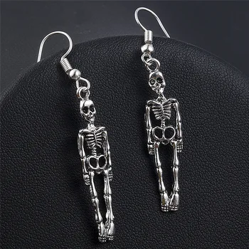 Fashion Retro Fancy Gothic Style Halloween Statement Long Silver Skeleton Skull Dangle Drop Earrings Jewelry Wholesale