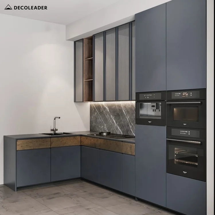 Designer Favoriten Blau Grau Lack Küche Gerahmte Gerippte Glastür Küche Vormontiert