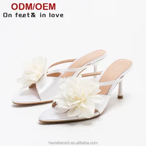 4302A-45 Spring Party Flower Decor High Heeled slippers Open Heel Shoes High Quality Pointed Toe Fashion Sandals for Women