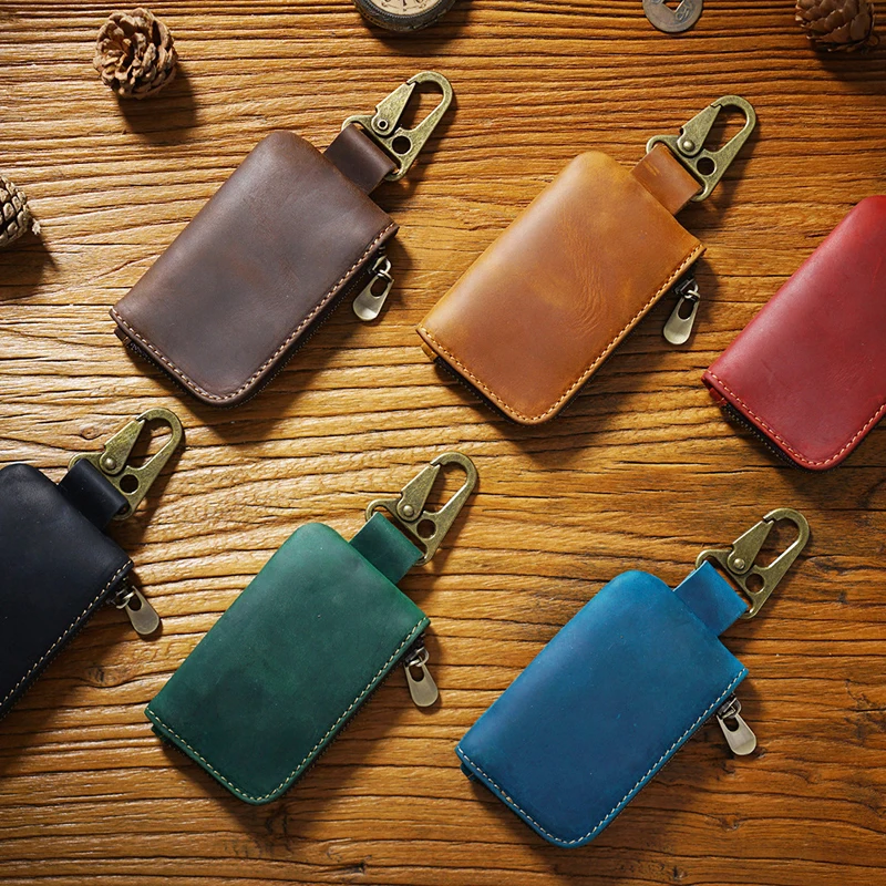Genuine Leather Vintage Keychain Zip Type Holder Organizer Pouch Cowhide Car Wallet Housekeeper Key Case Mini Card Bag_voghion.com