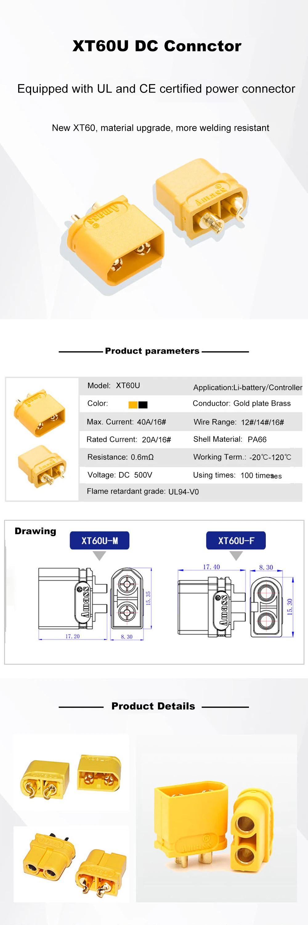 Coppia Connettori Spina E Presa XT60U Alta Tensione Con Contatti Dorati - 60A/100A Per Cavi Fino A 4,5mmq