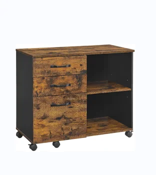 Horizontal file cabinet, home office printer stand with 3 drawers and open storage shelf, rustic brown + black