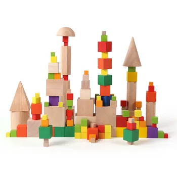 Wooden Building Block Set, Toddler Natural Wood Block Montessori Learning Toy, Large Hardwood Stacking Brick Castle KIT