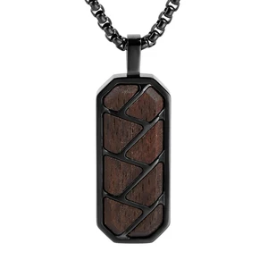 Hollow Out Ebony Wood Inlay Pendant Stainless Steel Rectangular Pendant Hot Selling Black Wood Men Pendant Necklace