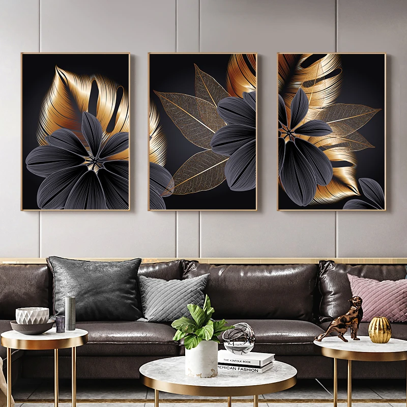 Black Golden Plant Leaf Canvas Poster Print Modern Abstract Wall Art Painting 