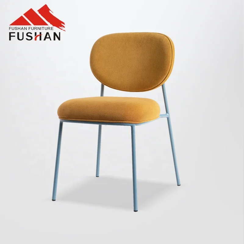 Customized Latest Design Modern Restaurant Chairs Stackable Yellow Fabric Dining Chair With Metal Frame