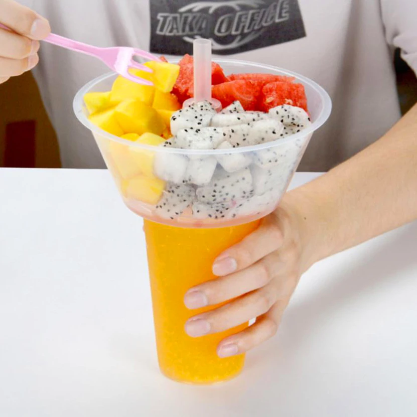 Custom Logo 500ml 700ml Clear Frosted Eat and Drink Plastic PP Injection Cup 2 in 1 Food Snack Bowl Plastic Hotpot Juice Cup