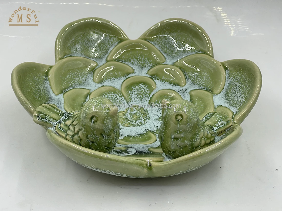 Creative Heavy Stoneware Ceramic Pet Bowl with Two Bird Figurine Pet Bath Plate Bird Feeder Bird House Reactive Dark Green Color
