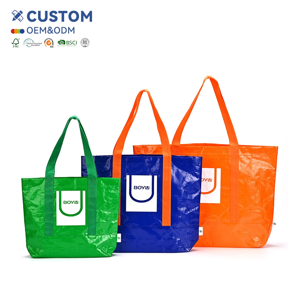 Custom Recycled PP Woven Shopping Tote Bag Eco-Friendly Reusable Grocery Bag with Logo Laminated Waterproof and Durable