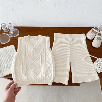 2025 Spring and Autumn New Korean Baby Clothing Set Twisted Pattern Solid Color Knitted Pullover Vest Pants Sweater Baby Suit
