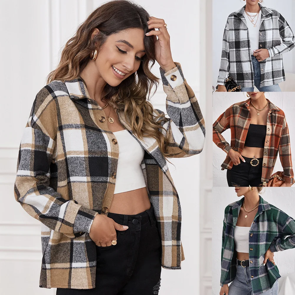 Women's Brushed Plaid Shirts Long Sleeve Flannel Lapel Button Down ...