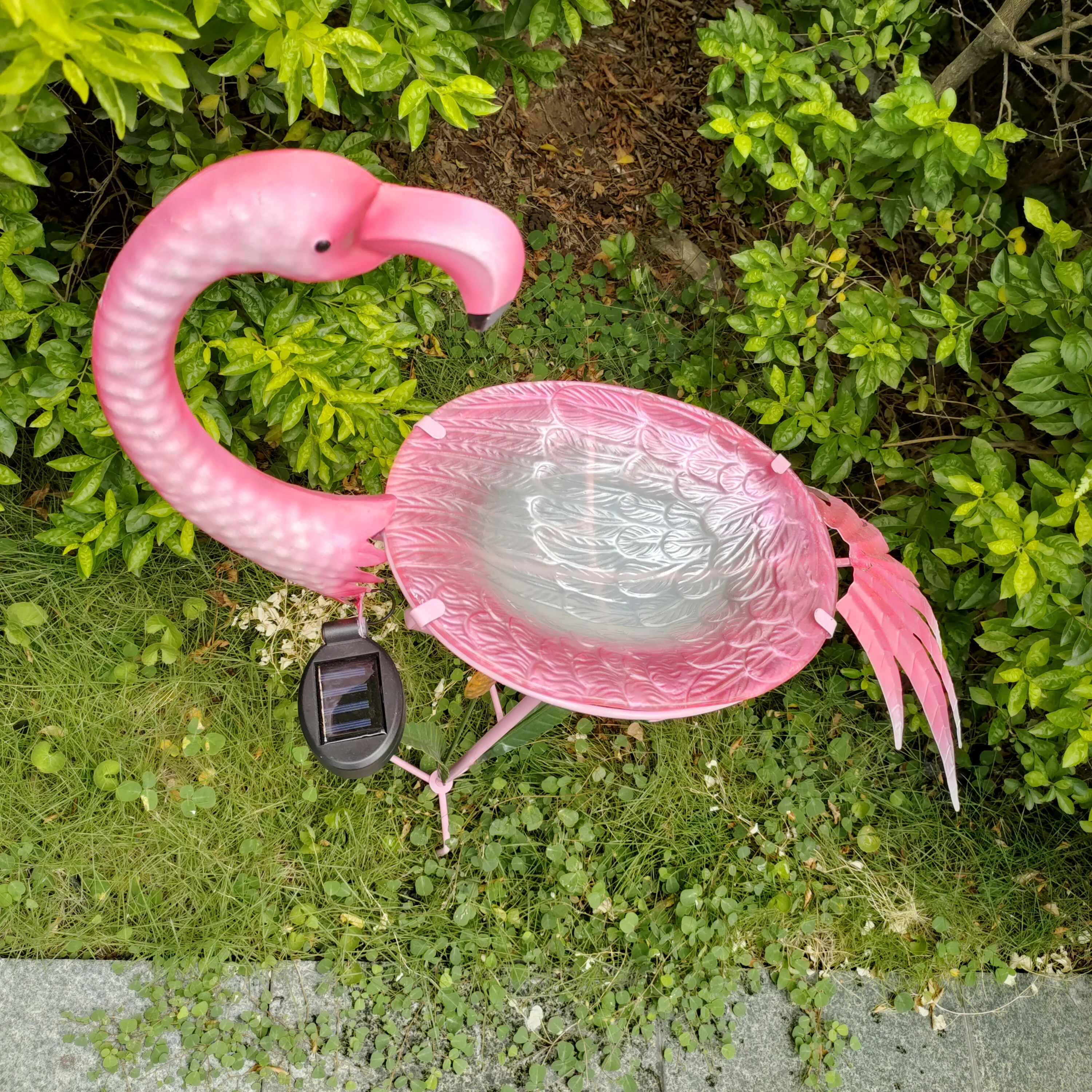 Stake Pink Flamingo Hand-painting Glass Metal Outdoor Metal Bowl Bird Bath