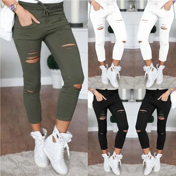 Ready to Ship High Fashion Broken Hole Design 4XL Plus Size Female Pants Ladies Skinny Jogging Pants Women Cotton Jeans Trouser