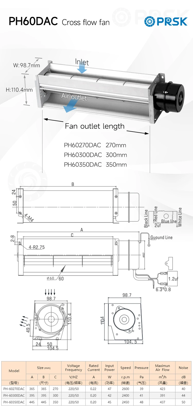 Prsk Ac V Mm Aluminum Alloy Blade Crossflow Fan Shaded Pole Motor Tangential Blower Fan