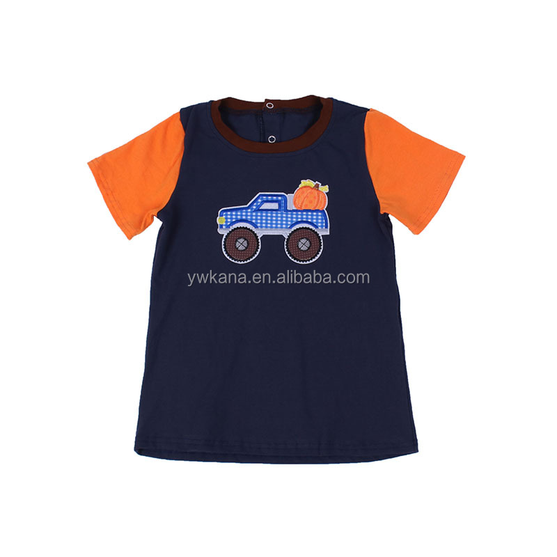 
Оптовая продажа, рубашка для мальчиков на Хэллоуин, футболка с коротким рукавом и вышивкой с изображением тыквы и грузовика, одежда для мальчиков 