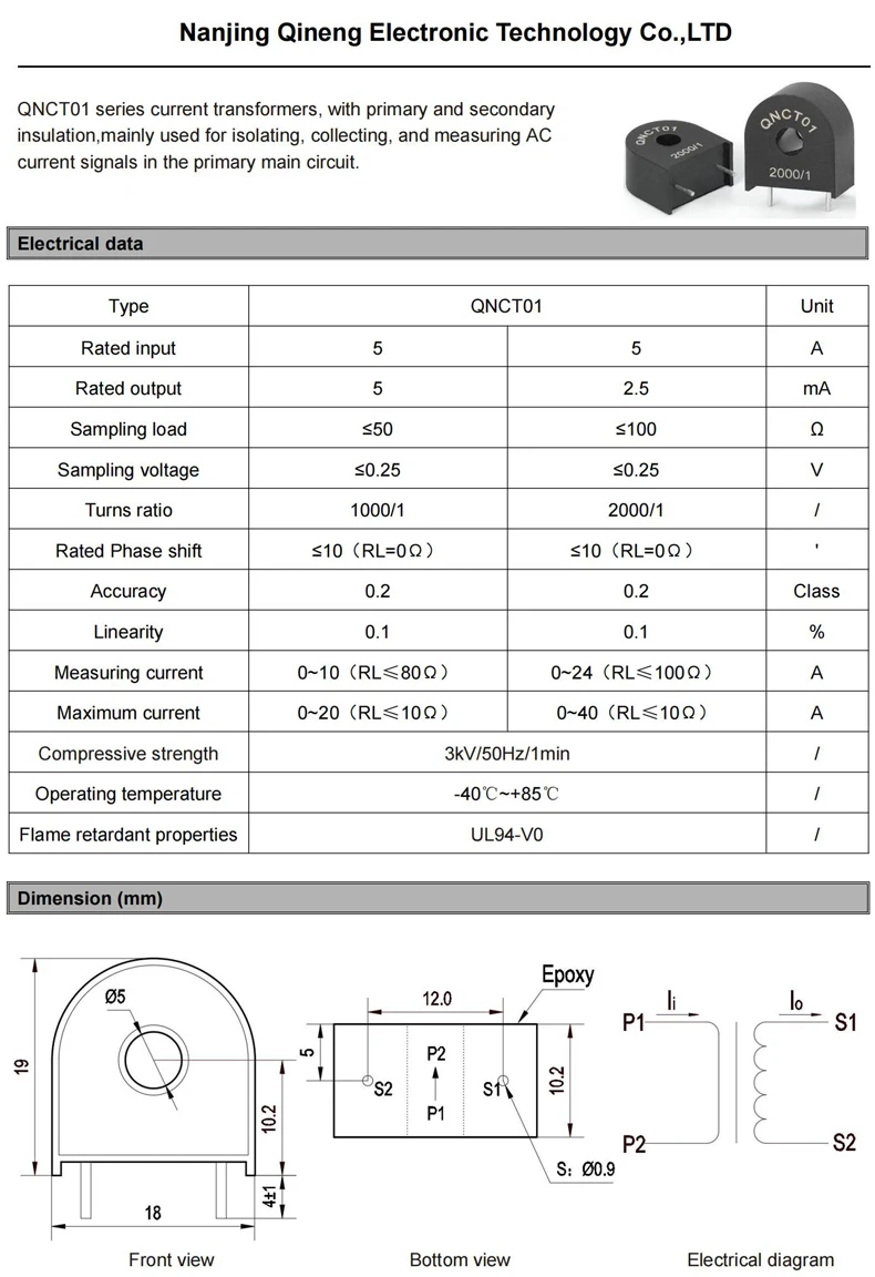 Pcb Mount Current Transformer CT QNCT02 10A/10mA 50A 25mA 10A/5mA 20A/20mA Small Current Transducer AC Precision Current Sensor