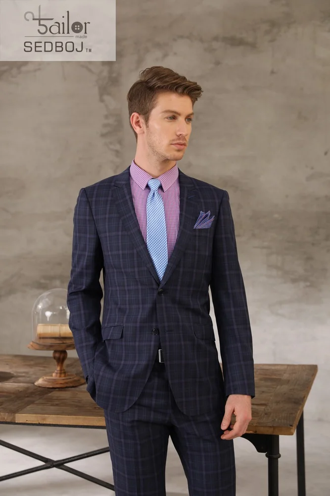 Shenzhen Tailor-Made High Quality Custom Cashmere Blue Check Suit with 2 Buttons Zipper Fly Business Style Long Pants