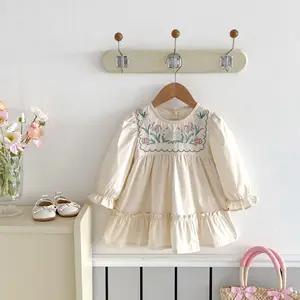 Comfort Cotton Beige Ruffles Children's Dresses Embroidered Floral Long Sleeve Girls Knee Length Baby Girls Dress