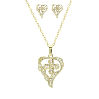 Elegant Women's Classic Copper Jewelry Set 14K Gold Plated Heart Shaped Zircon Pendant Necklace Earrings for Weddings Other Gift