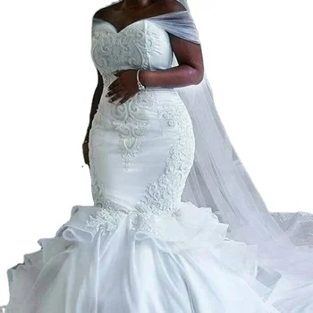 FA104 Elegant Satin Vintage Mermaid Wedding Dress with long wrap Pure White Lace Embroidery African Mermaid Wedding Gown