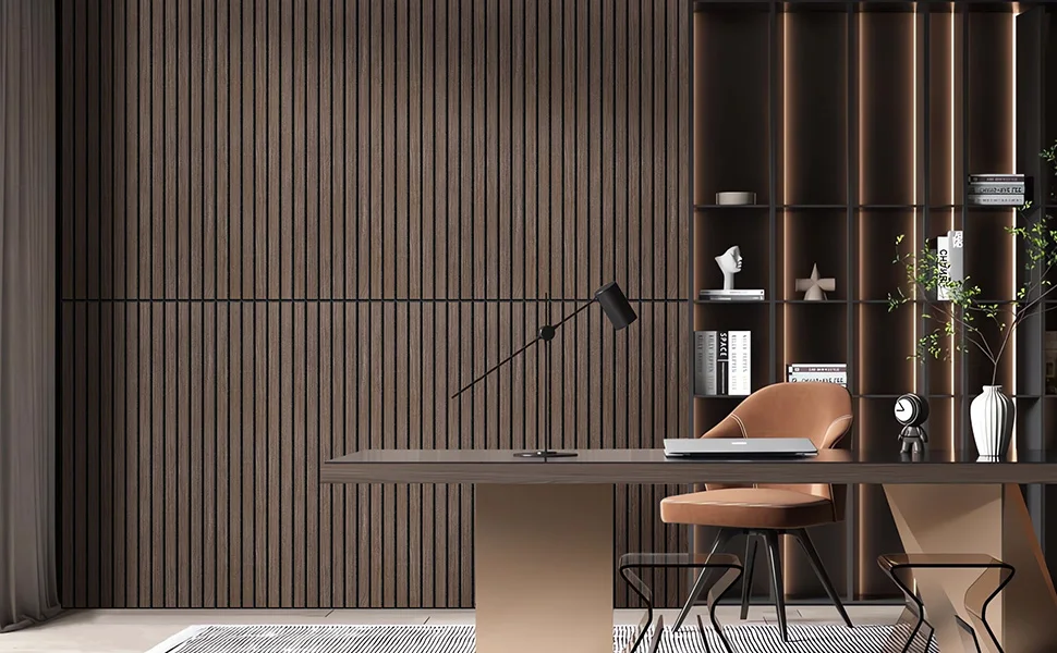 Deep Walnut Acoustic Slat Wood Panels Modern Sound-Absorbing Decorative Panels for Home Office Studio Hotel Room Soundproof details