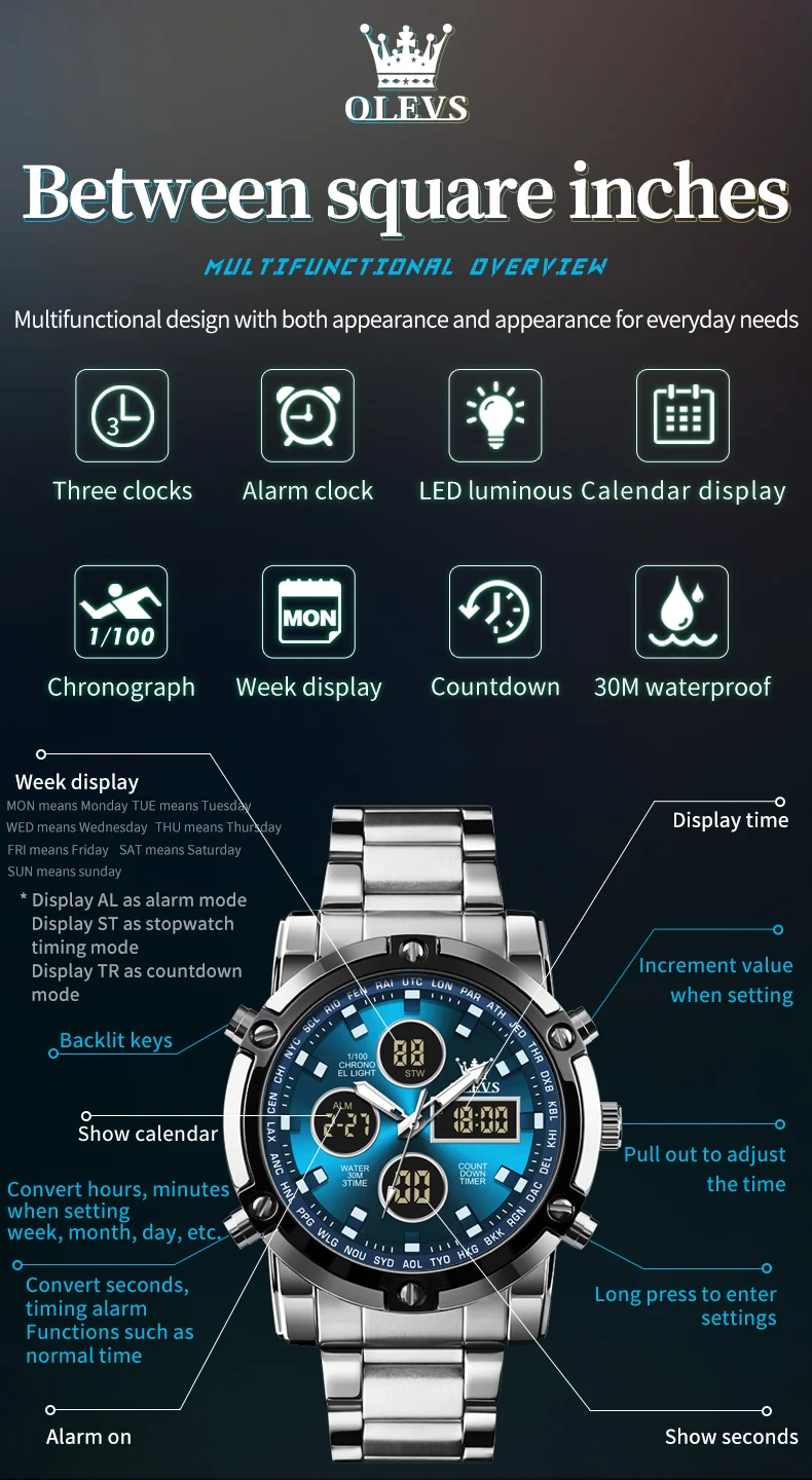 OLEVS Digital Quartz Wristwatch Men Three Time Led Sport Watch Countdown Steel Strap Watch Clock Relogio Masculino 1106