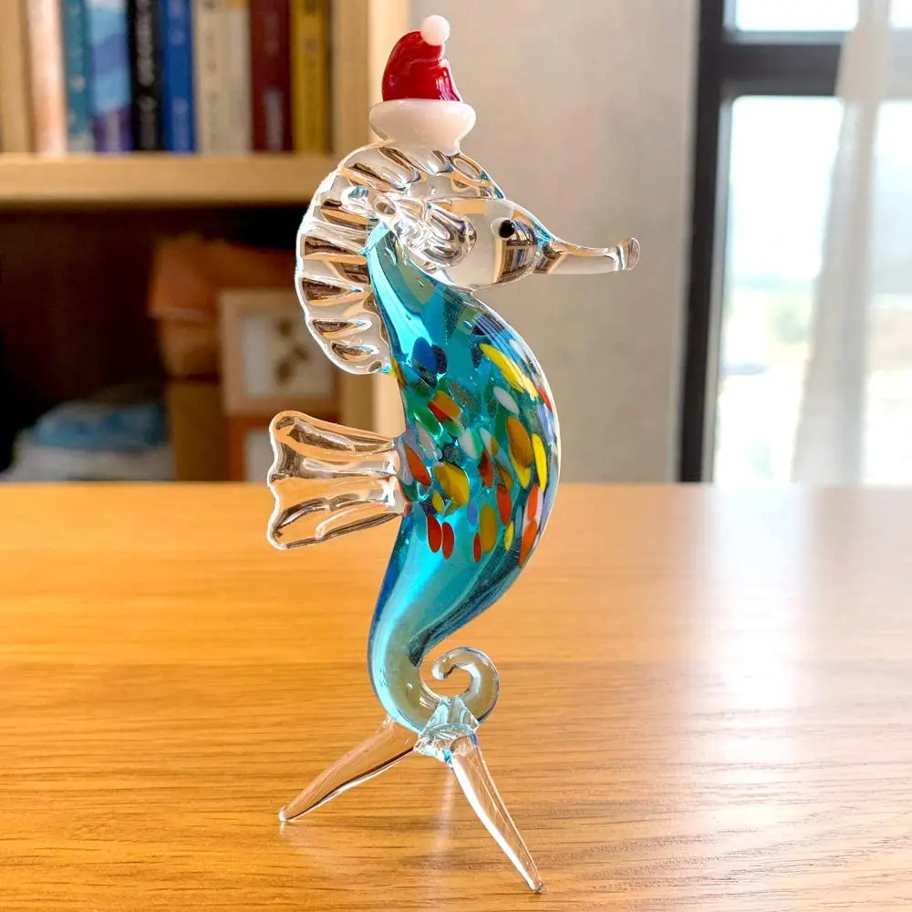 Hophen Handmade Blown Glass Seahorse Figurine - Blue Hippocampus Animal Statue, Paperweight, Collectible Gift & Home Decor