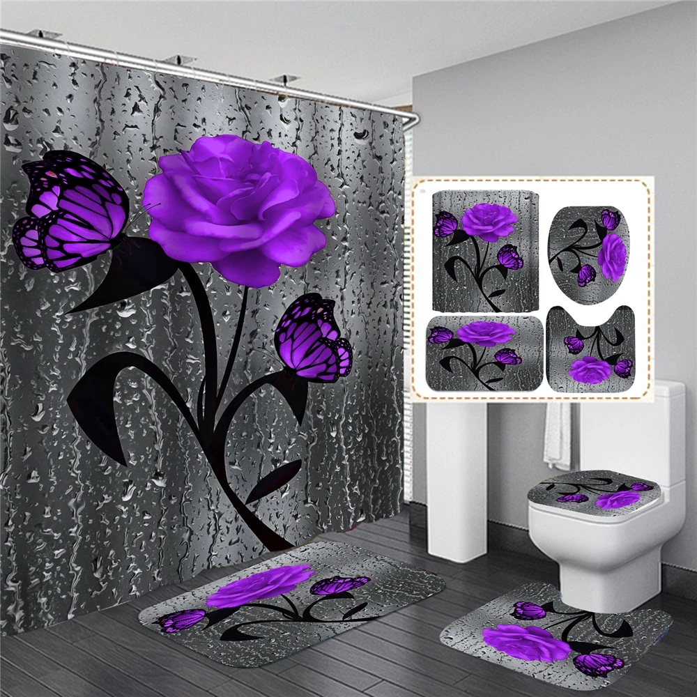 Sale Wholesale Hot Hd Digital Printing Polyester Waterproof Bathroom Hotel Shower Curtain Flower Four-Piece Set High Qualit