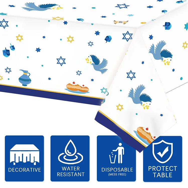 Factory Disposable Rectangle Square Waterproof Oil-Proof  Tablecloth for Hanukkah Jewish Chanukah Menorah Holiday Decoration