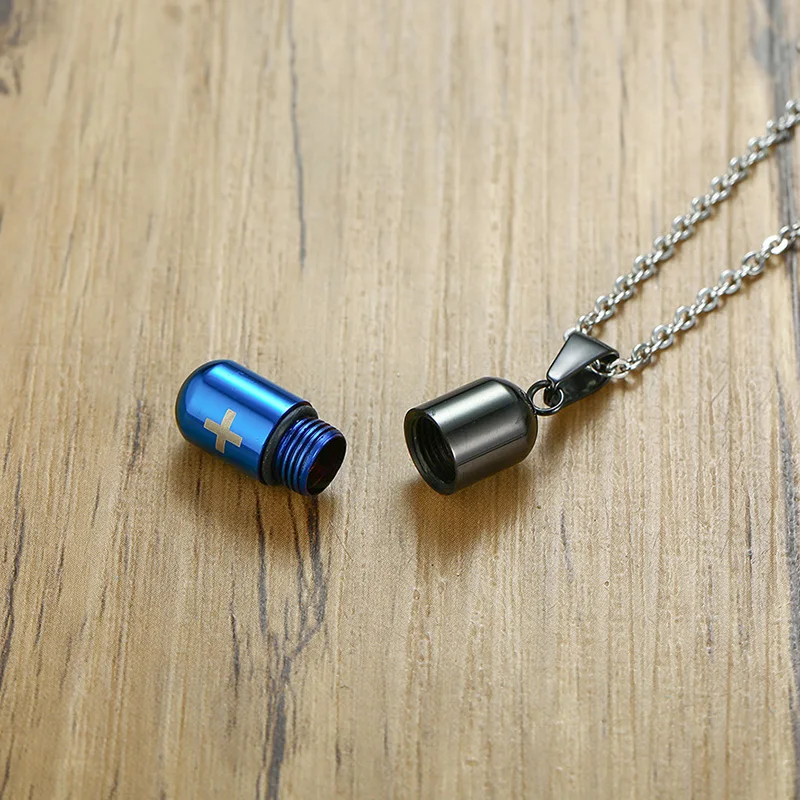 Stainless Steel Cylindrical Capsule Pill Pendant Necklace, Cremation Jewelry for Ashes,Multi Color Option Gift for Mens Womens