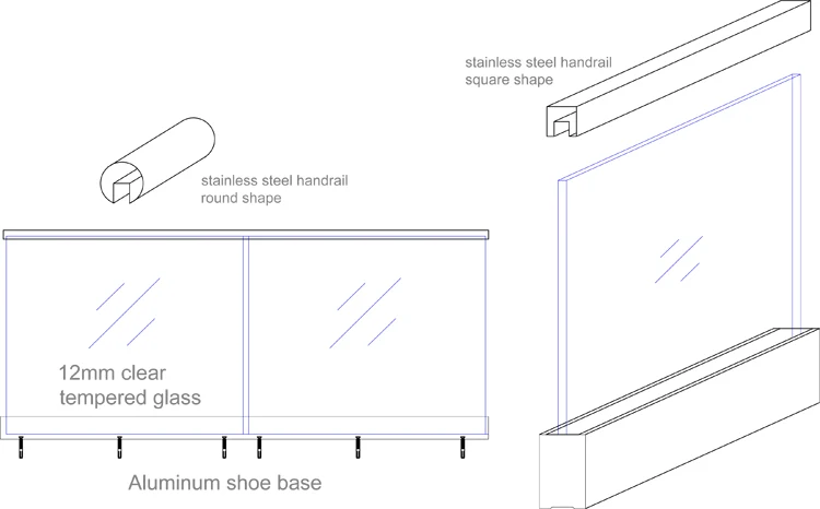 Frameless Balustrade Handrails Aluminum U Channel Glass Railing Base shoes Aluminum Deck Railing Glass Balconies Railing