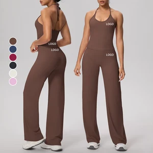 Custom Logo Women's Backless Sports Fitness Sets Sexy Hanging Neck Yoga Bra High Waist Flared Pants Tight-Fitting Gym Sets