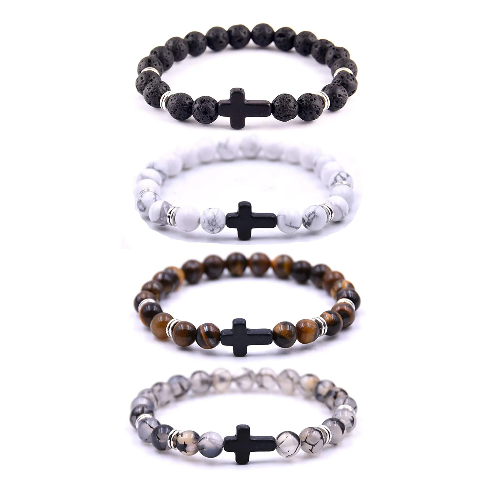Cross Bracelets 8mm Natural Howlite Turquoise Healing Beaded Stretch Cross Bracelets for Women Men