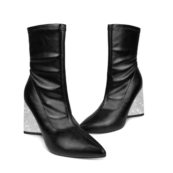 Factory Selling Pointed Toe Ankle Boots Rhinestone Chunky Booties Women Ladies Dress Shoes With Smooth Side Zipper