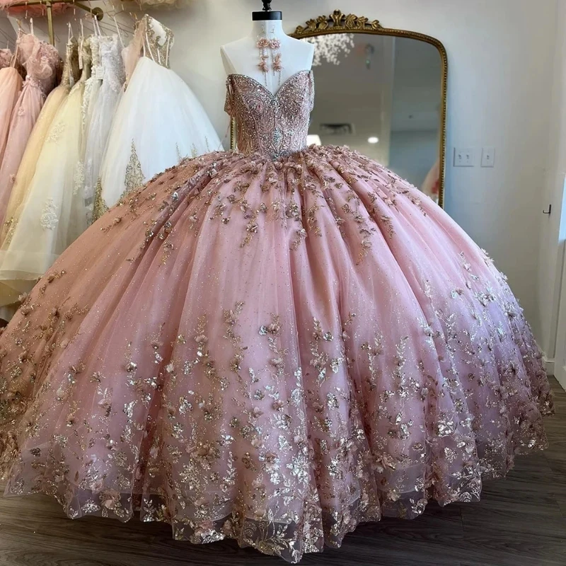 Mumuleo Pink Glitter Beading Ruffles Ball Gown Quinceanera Dresses Off the  Shoulder Sequin Applique Lace Corset Vestidos De 15