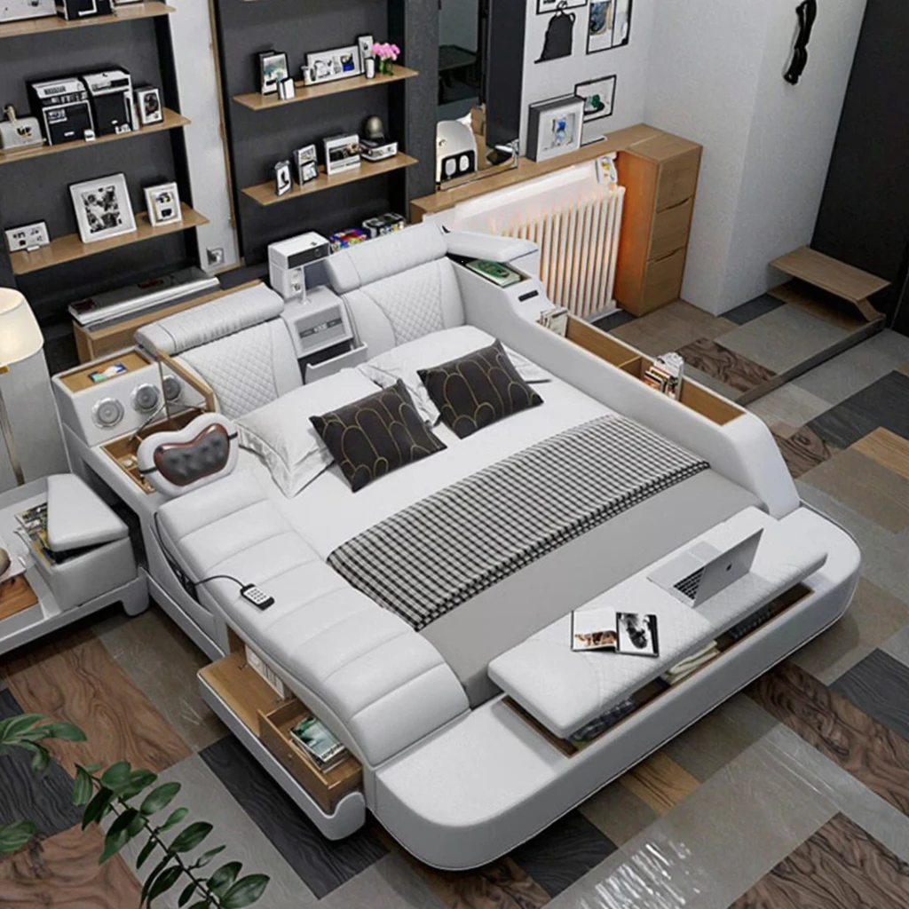 【超美品】BREATHTAKNG Lithe Premium M W-Camal Cama inteligente Limlamlim Tech King Size em couro, com