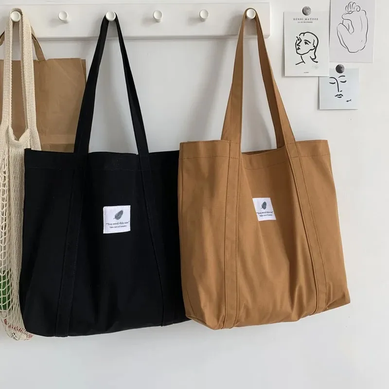 Wholesale Custom Printed Logo Simple Solid Color Shoulder Canvas Cotton Shopping Tote Bag With Woven Label