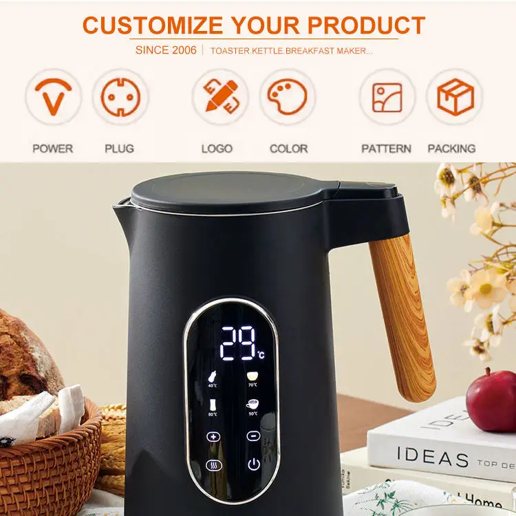 Digital Control Electric Water Kettle Led Digital Screen Smart Kettle Electric with Wooden Handle